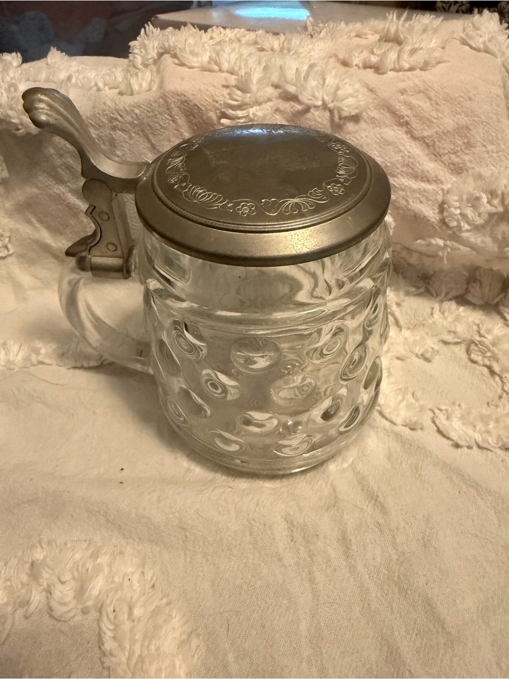 Vintage Clear Glass Beer Stein with Pewter-Tone Hinged Lid